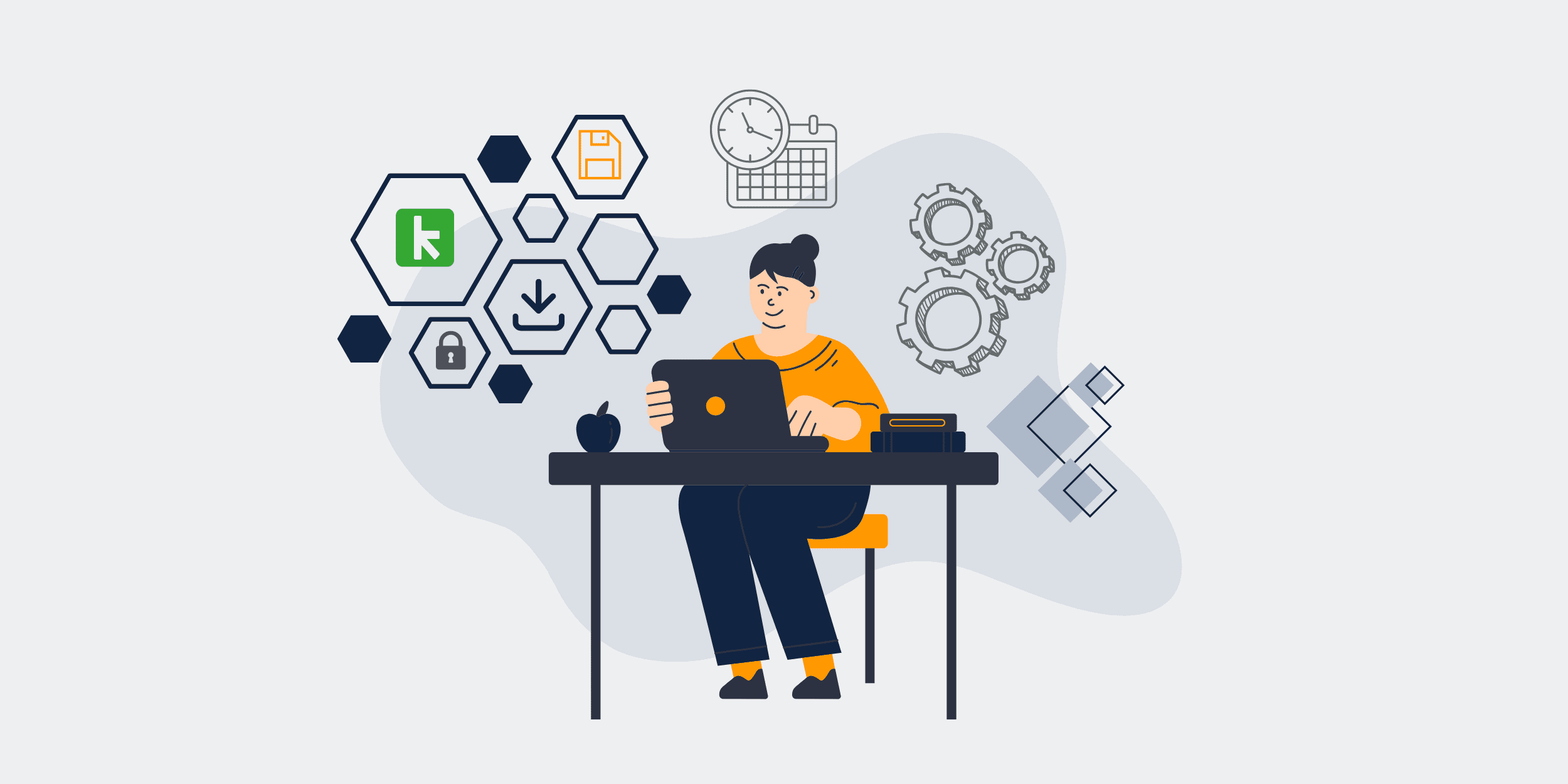 Illustration of a person at a desk using a laptop with Keap CRM icons, signifying data backup and restoration for business success.