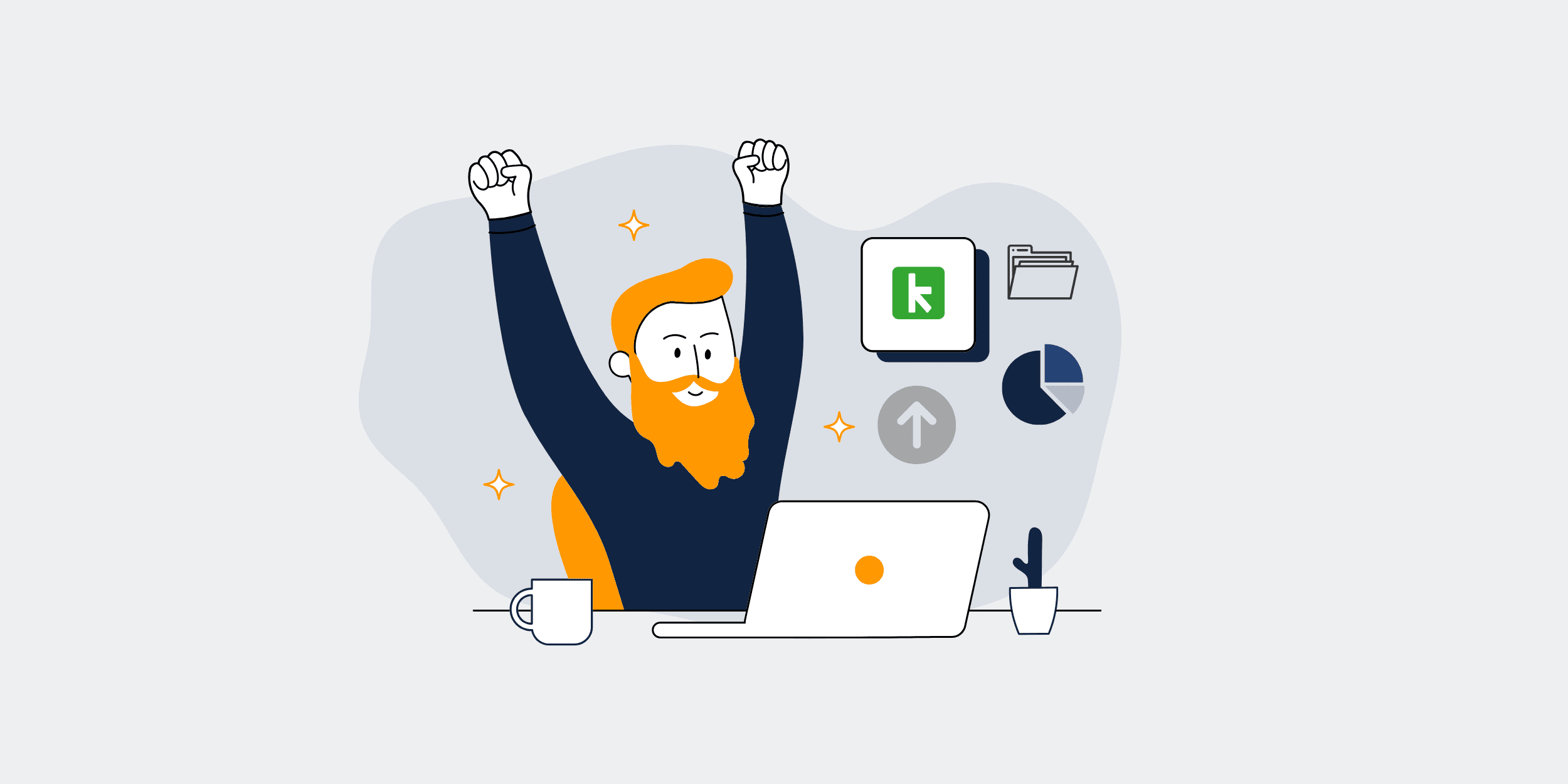 Illustration of a person with a beard and orange hair raising their arms joyfully while sitting at a desk with a laptop, representing successful login to CRM-backup. Icons of a folder, chart, and Keap logo in the background emphasize backup and restore features.
