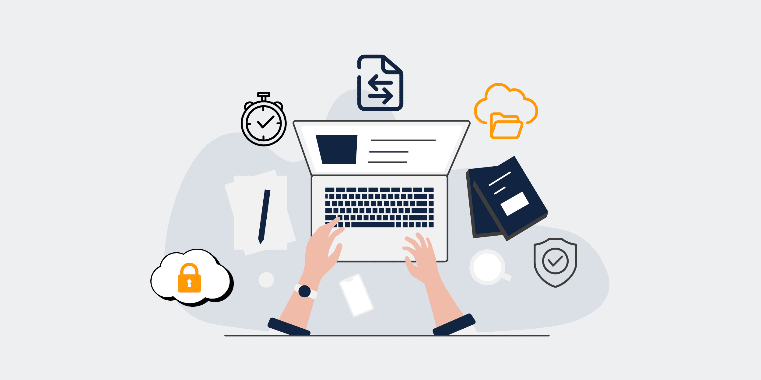 Illustration depicting CRM data backup importance. A person typing on a laptop surrounded by icons symbolizing data transfer, cloud storage, security, and time management, highlighting the necessity of protecting business data.