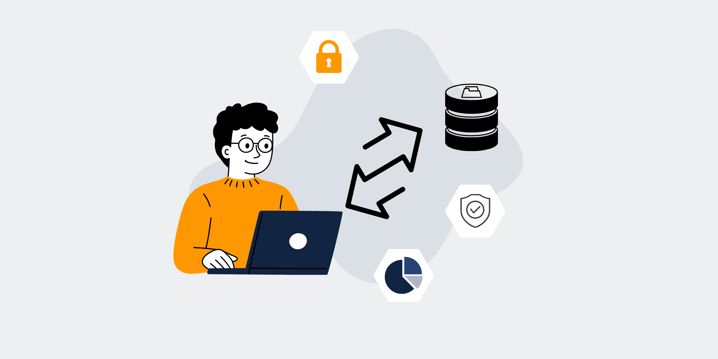 Illustration of a person using a laptop with icons representing data protection, backup, and analytics, symbolizing third-party backup services for Keap CRM data.