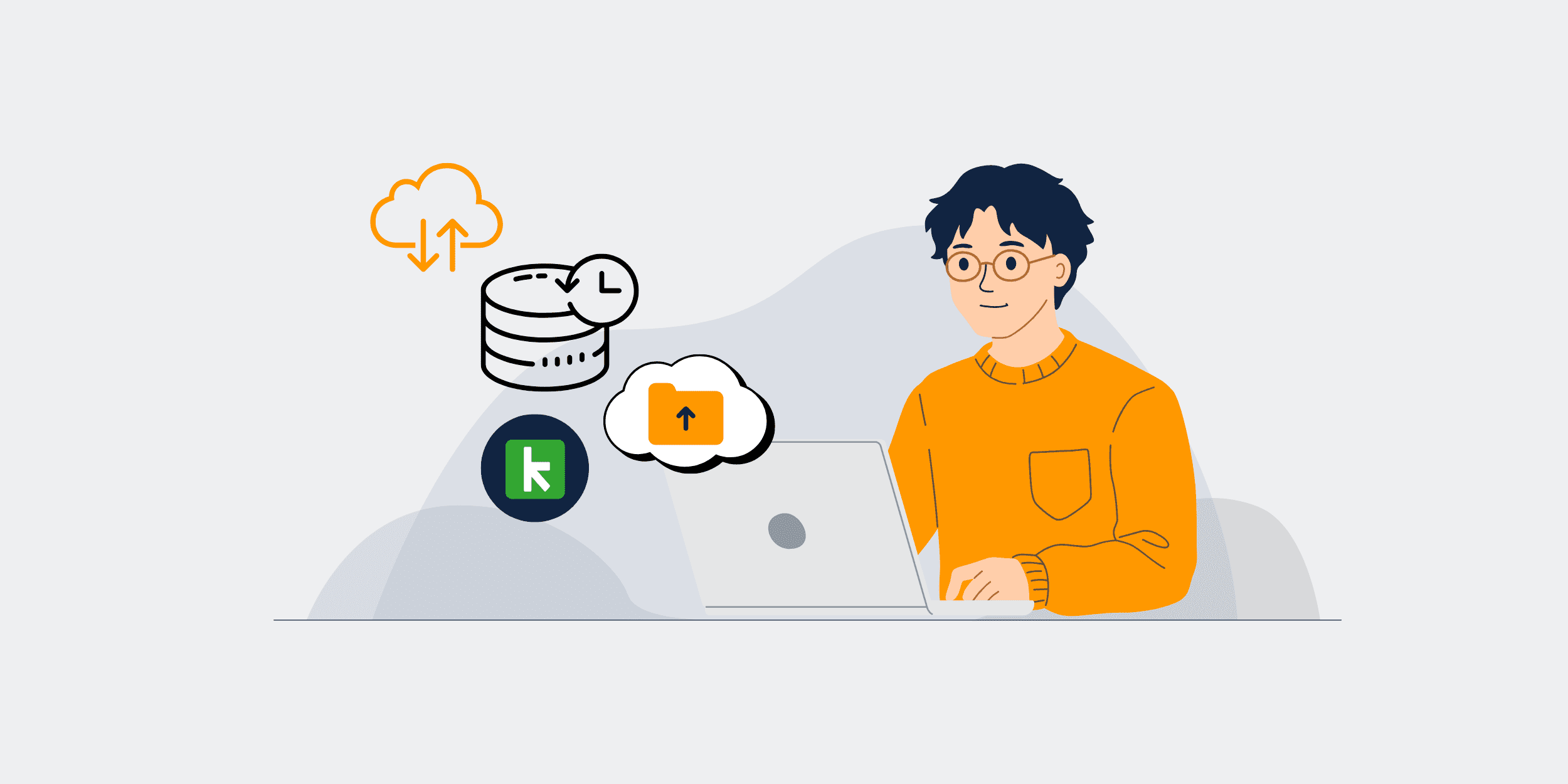 Illustration of a person using a laptop with cloud backup icons, symbolizing CRM contact restoration with Keap Backup and Restore.