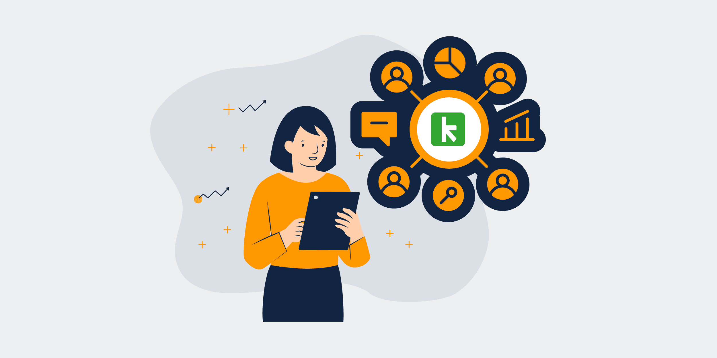 Illustration of a person holding a tablet surrounded by CRM-related icons, including contacts, search, and statistics, symbolizing CRM data management and backup using Keap Backup and Restore.