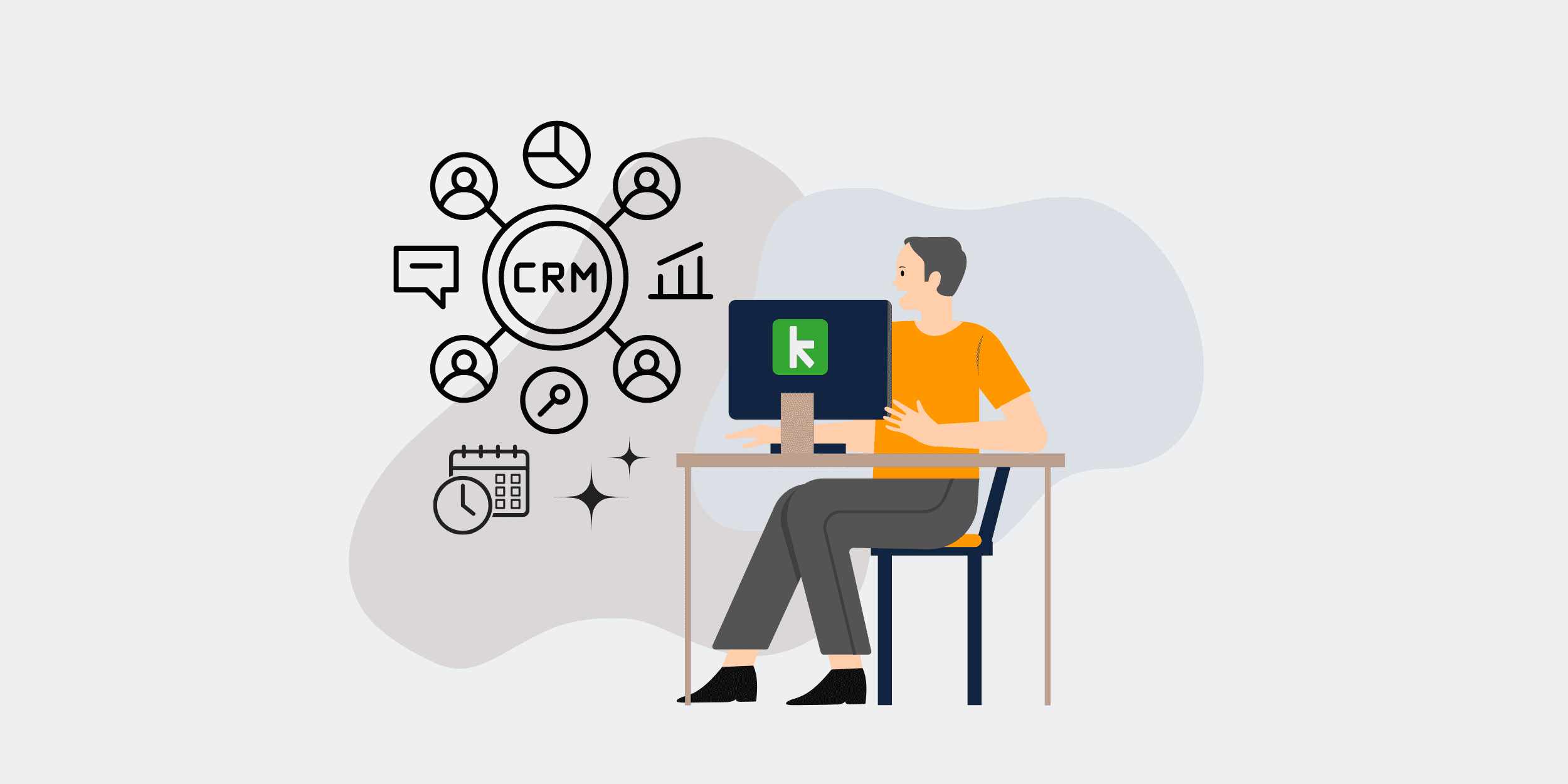 Illustration of a person sitting at a desk using a computer with CRM software symbols, representing data security soluti